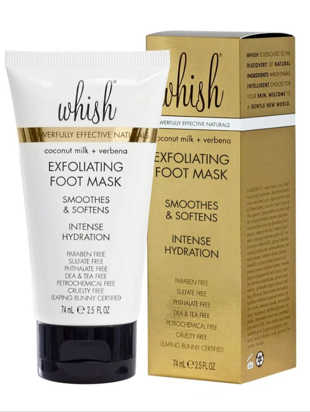 whish Exfoliating Foot Mask in White & Gold Packaging